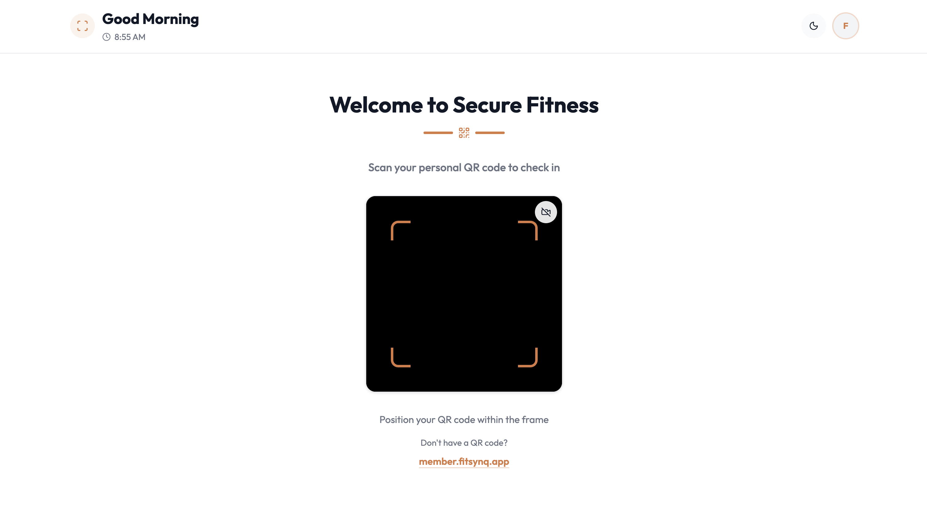 FitSynQ Check-in Kiosk showing camera and barcode scanner modes