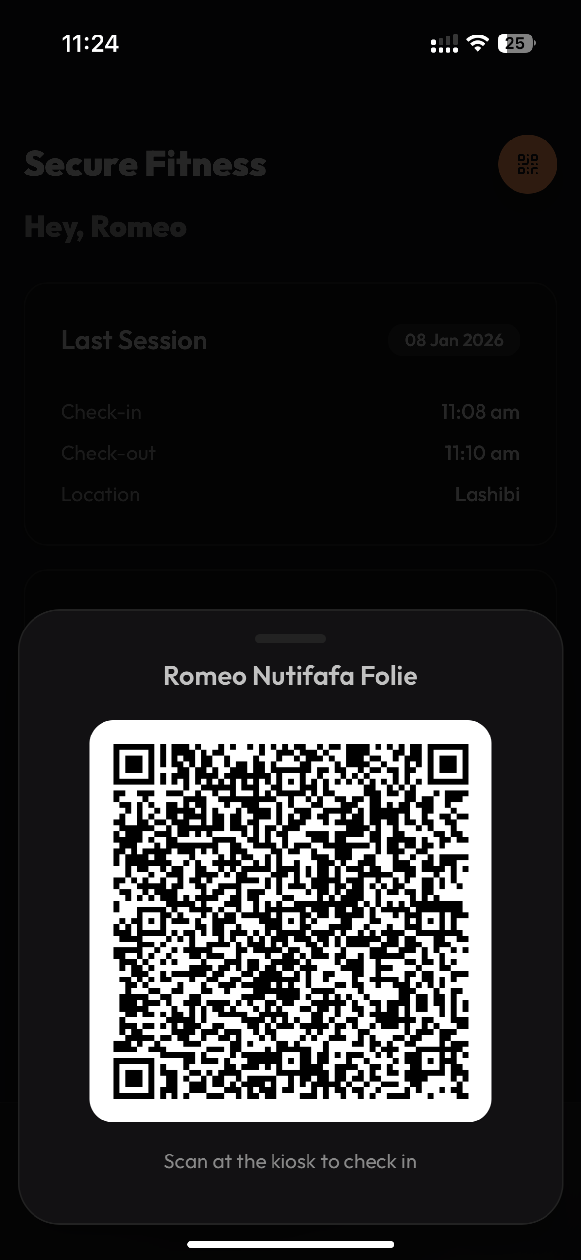 FitSynQ Member Mobile App showing QR code check-in, workout tracking, exercise library, and subscription management